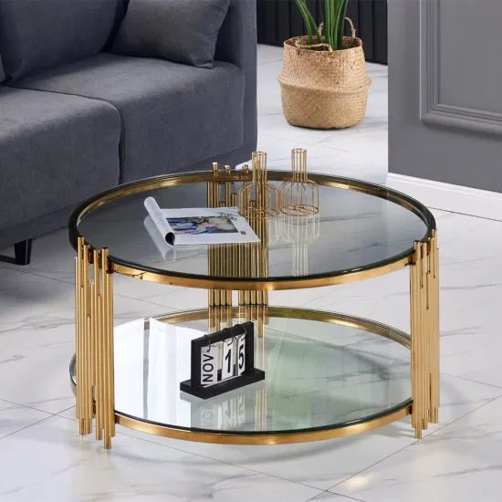 Design moderno luxo ouro aço inoxidável sala de estar móveis para casa vidro preto superior redondo centro mesa centro
